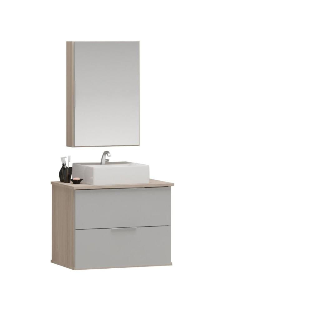 Miniatura Gabinete Banheiro 60cm com Cuba Sobrepor e Espelheira Rubi Gabinetes Joia Amadeirado/Cinza