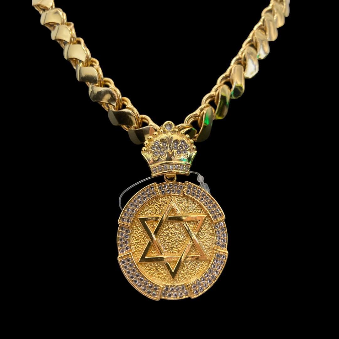 Miniatura Cordão Friso S 13Mm + Pingente Estrela Davi - Banhado A Ouro