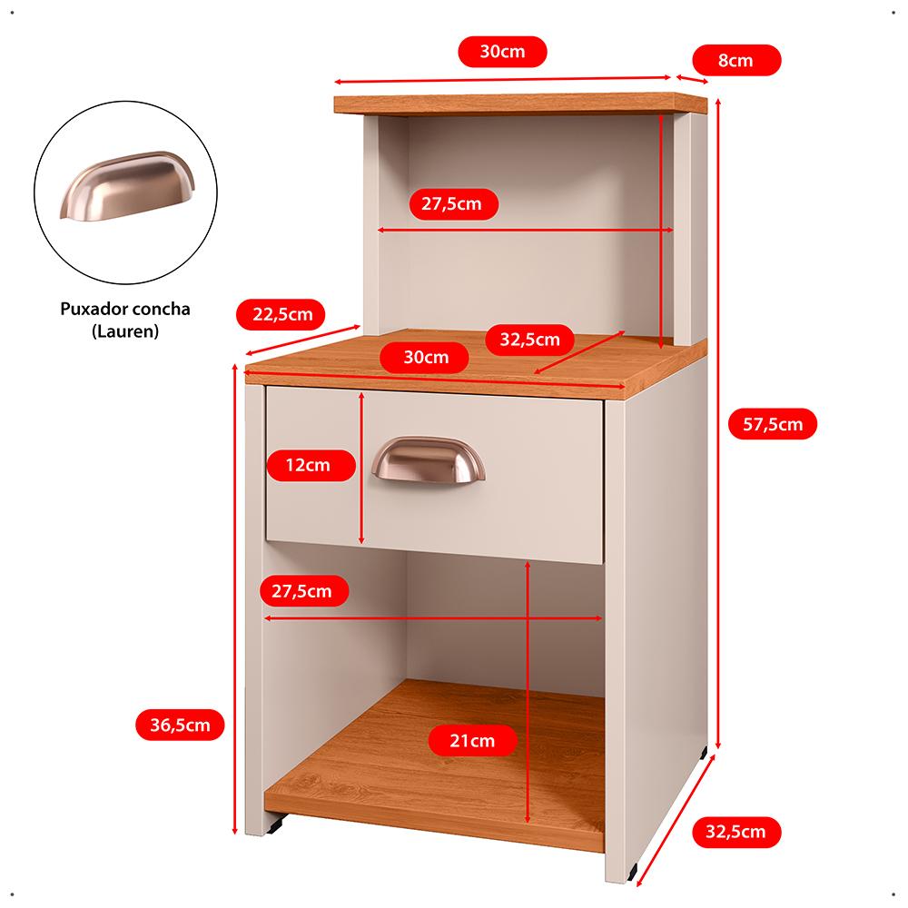 Miniatura Kit 2 Mesas de Cabeceira Cléo Off White/Cinamomo 1 Gaveta Puxador Concha Nicho Prateleira Suspensa Lateral Cama Box Quarto - Lojas RPM