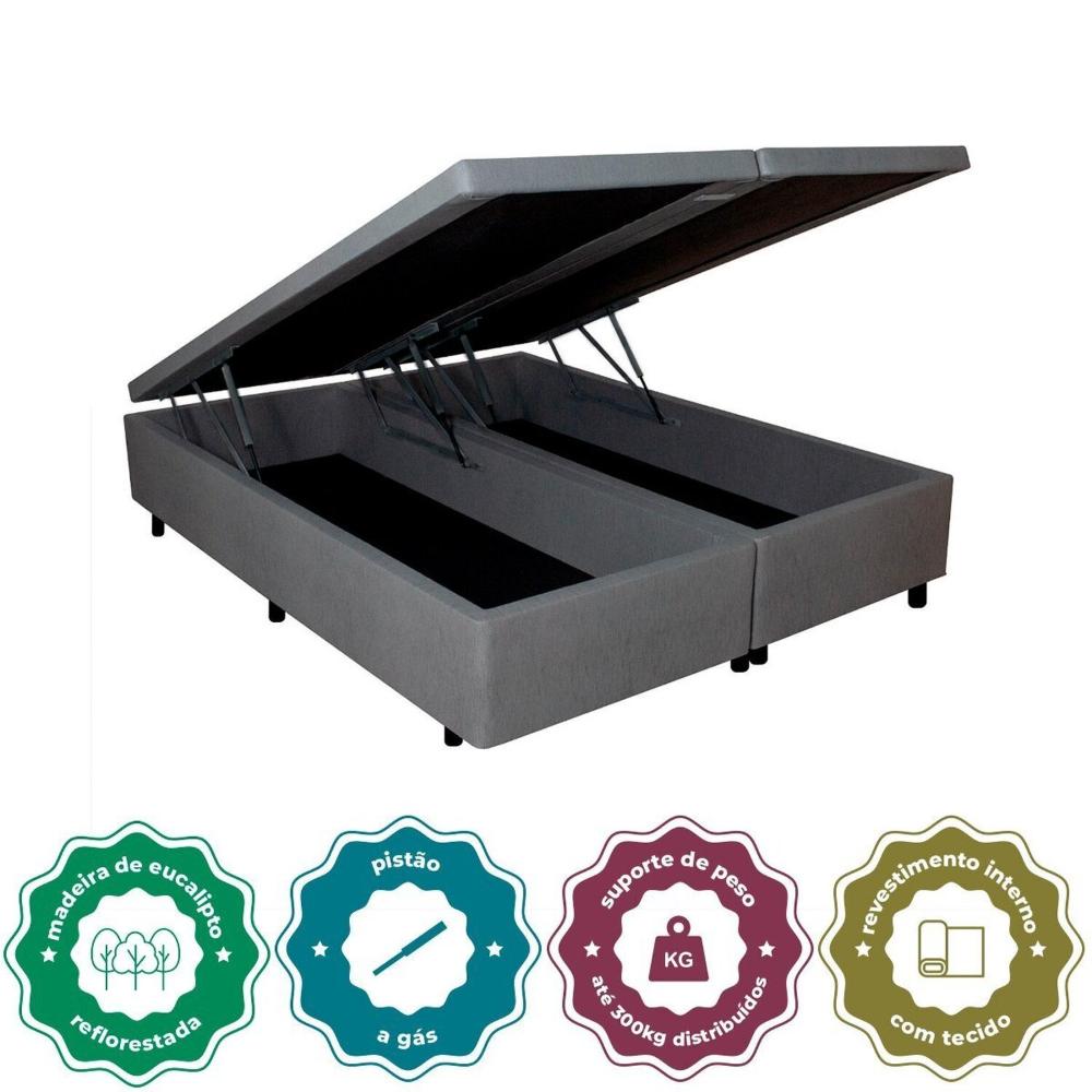 Base Box Baú Casal Bipartido 138x188x42cm Courino com Pistão a Gás Cinza