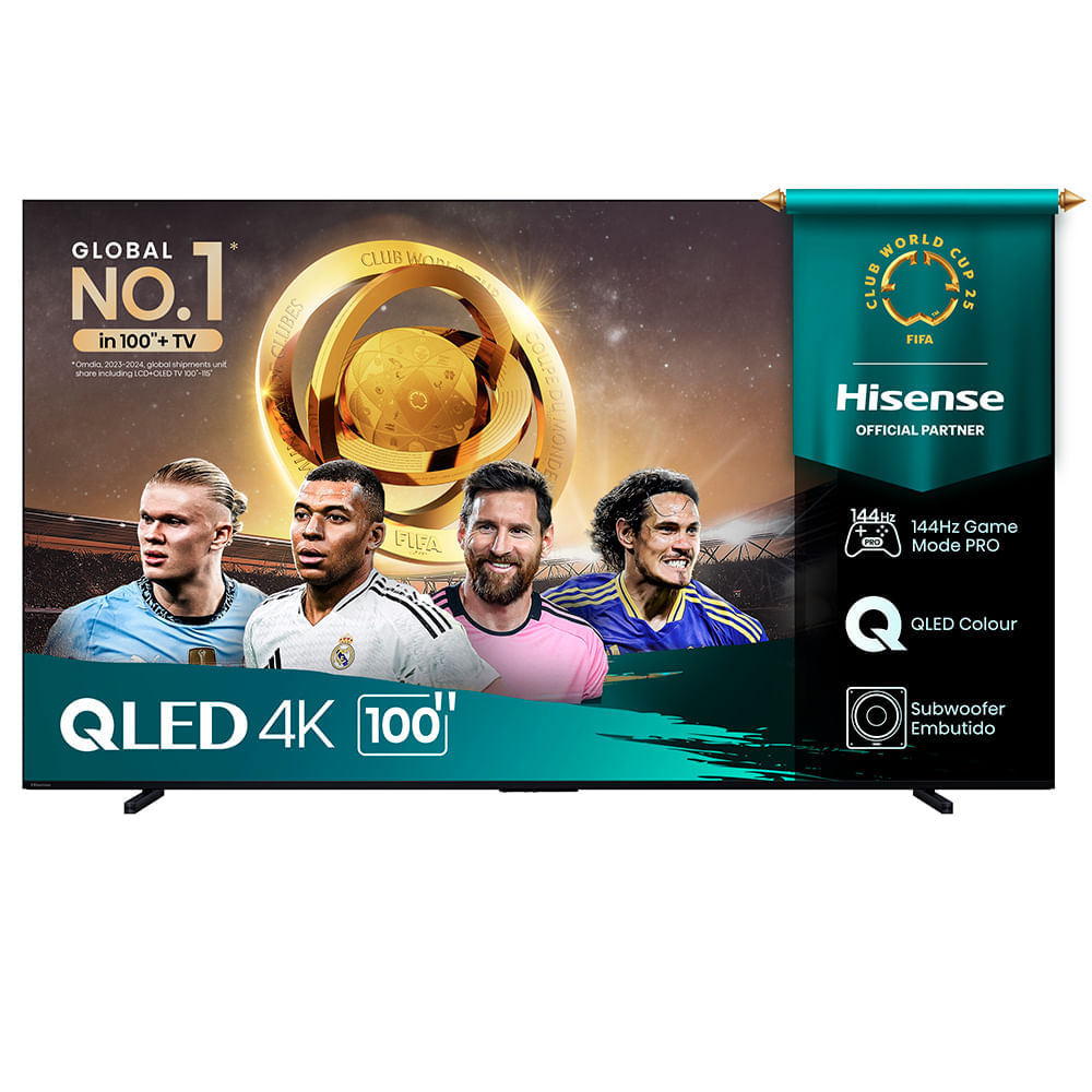 Miniatura Smart TV 4K Hisense QLED 100” Polegadas com Subwoofer Embutido, Modo Jogo Pro, 144Hz e Wi-Fi - 100Q7QG Bivolt