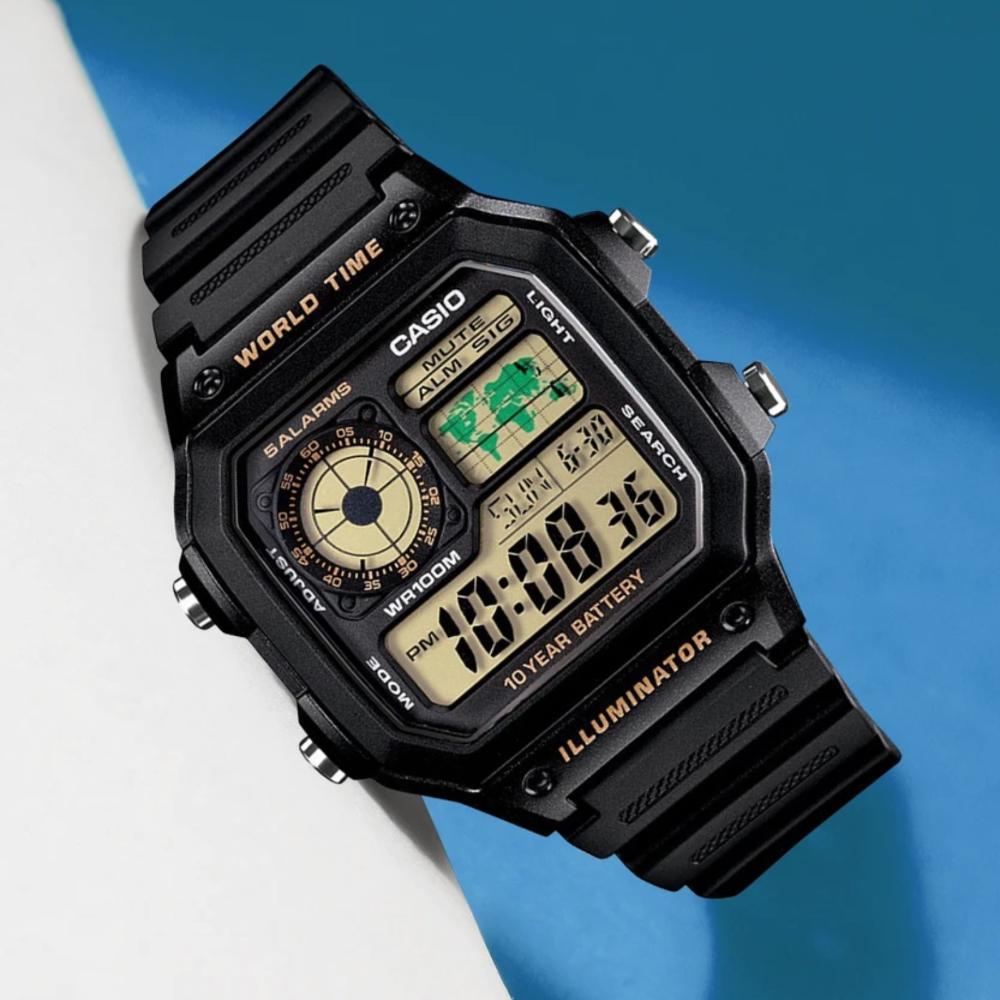 Miniatura Relógio Casio Standard AE-1200WH-1BVDF World Time Bateria 10 Anos