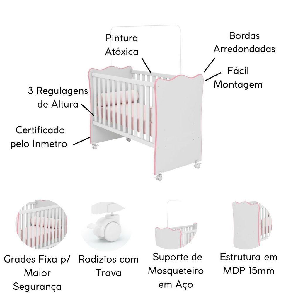 Berço De Bebê Com Rodinhas Para Quarto Infantil Doce Sonho branco Rosa