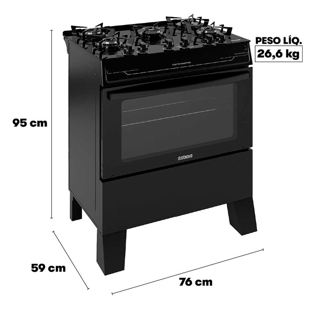 Miniatura Fogão 5 Bocas Itatiaia Electra Glass Plus Mesa de Vidro Preto - Bivolt