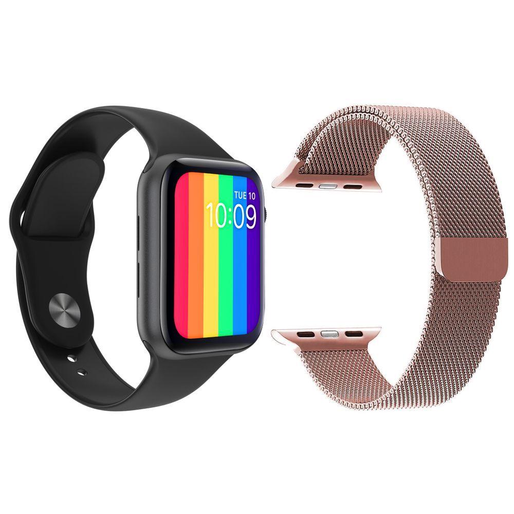 Miniatura Kit 1 Relógio Smartwatch Iwo12 Lite Preto + 1 Pulseira Rosa