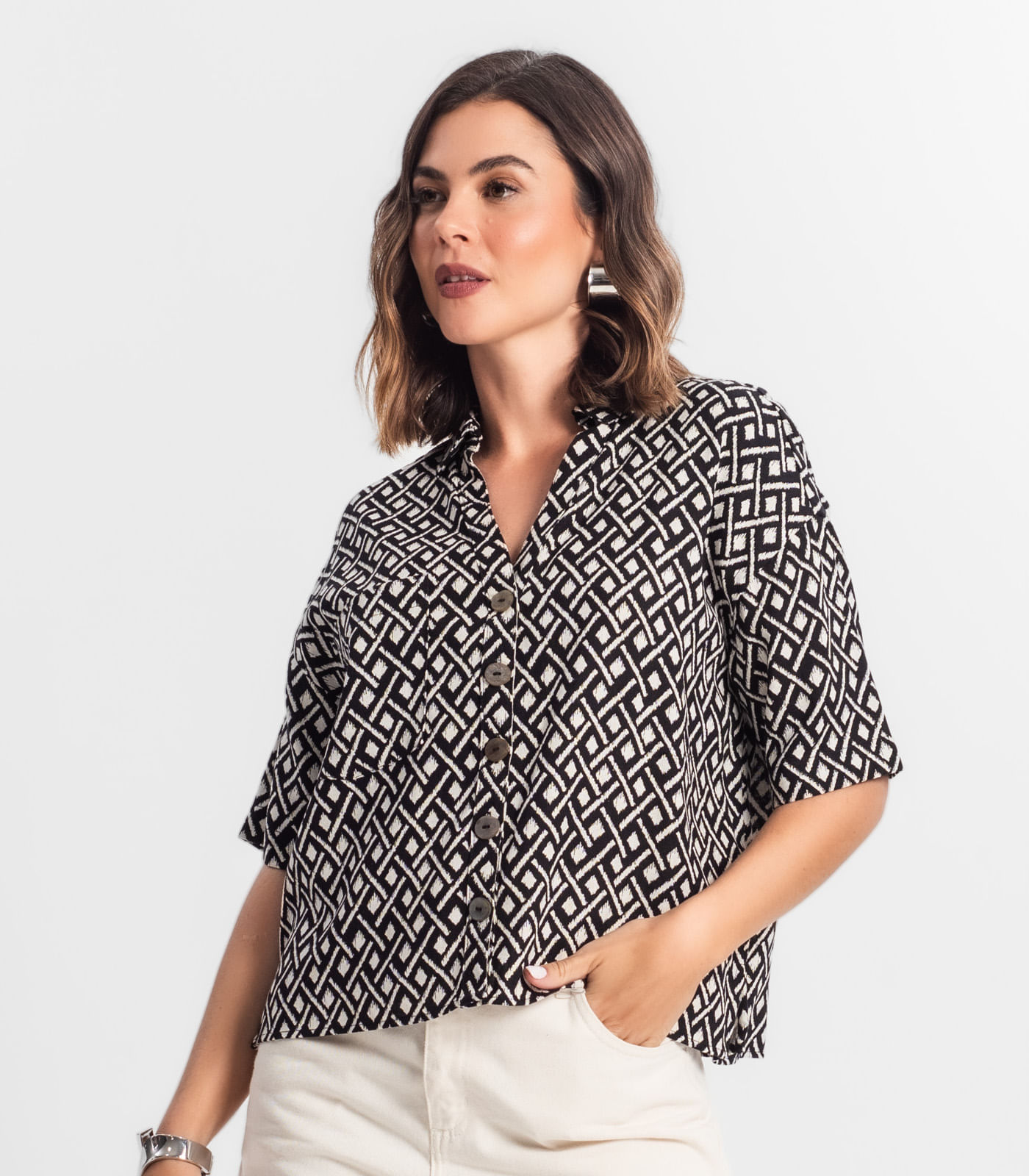 Miniatura Camisa Feminina Estampada Com Botões Select Preto G