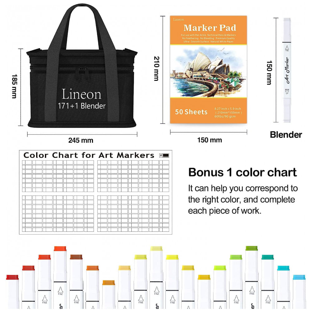 Miniatura Kit de Canetas Profissionais com Pontas Duplas e Estojo, 172 Peças, Lineon