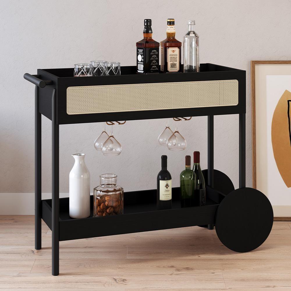 Miniatura Carrinho Bar Com Porta Taças Pés Madeira Moss A03 Nero Preto