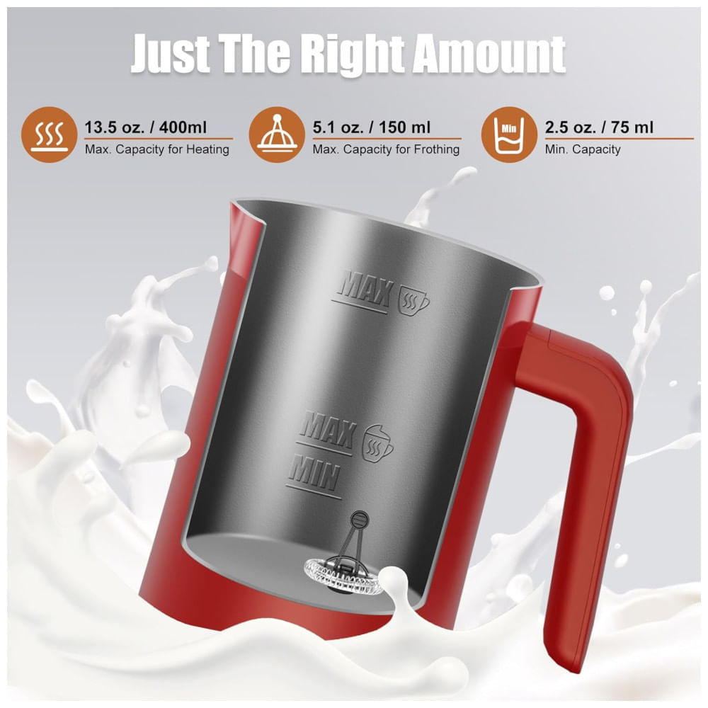 Miniatura Espumador de Leite Elétrico Ovetedot, 4 em 1, 400ml Vermelha: Crie Espuma Quente e Fria, Aqueça e Esquente Leite Automaticamente!