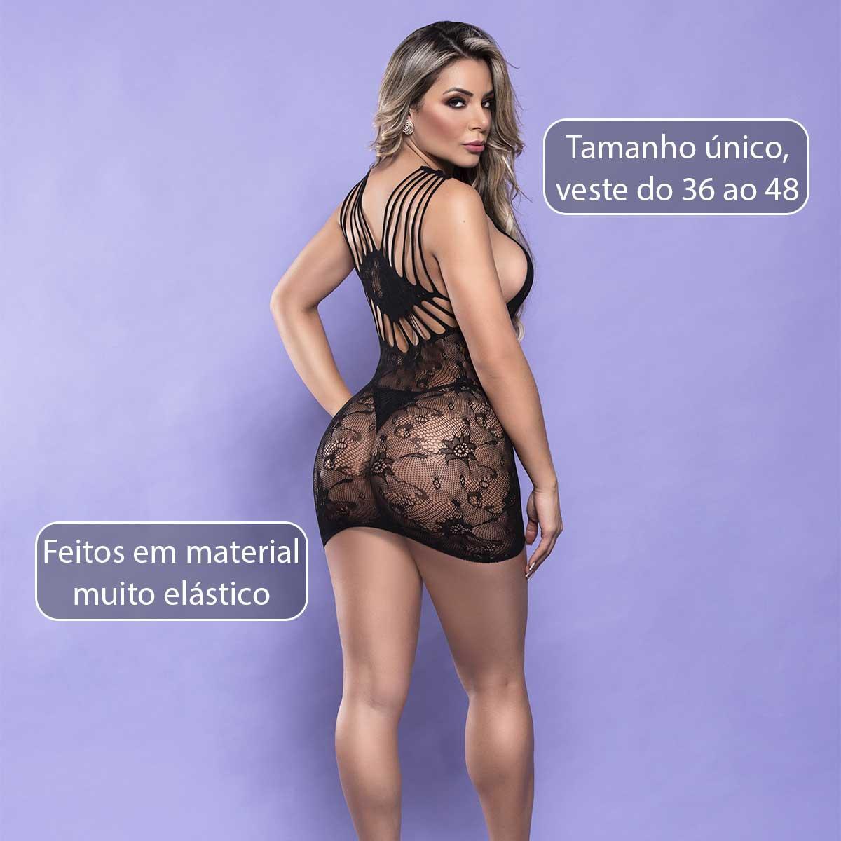 Miniatura Mini Vestido Rendado Lingerie Bodystocking Luxo Sensual Sexy