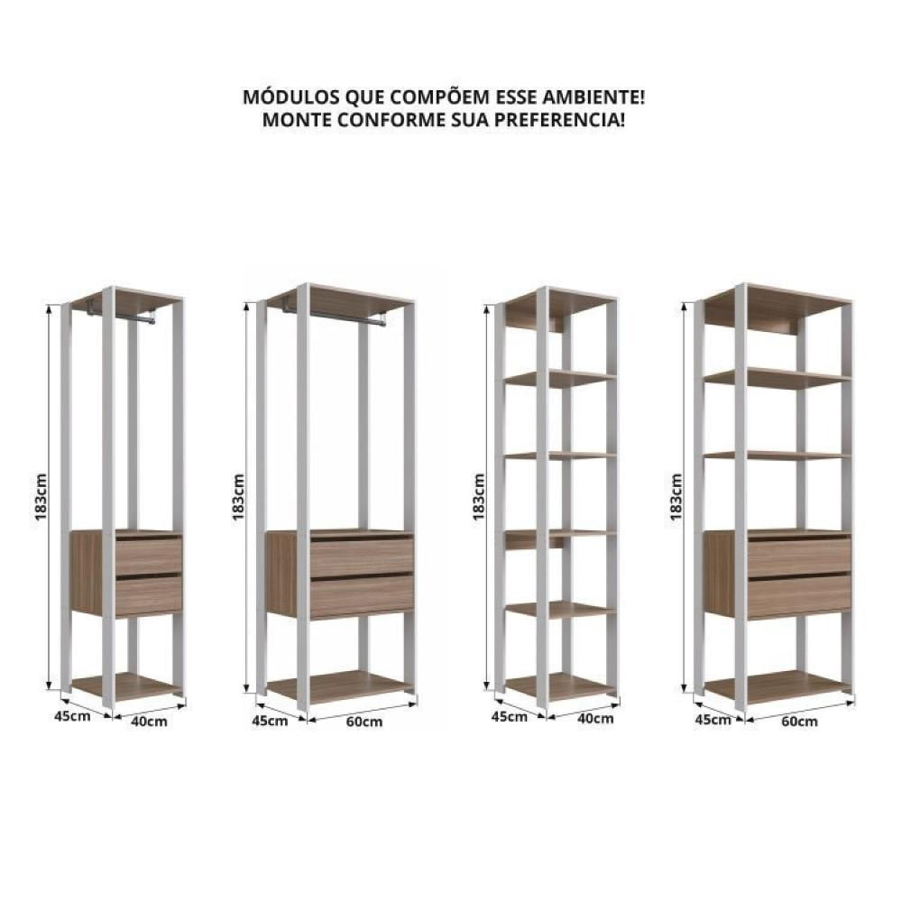 Miniatura Guarda Roupa Closet 4 Peças com 2 Cabideiros 6 Gavetas e 11 Nichos Easy Branco/Montana