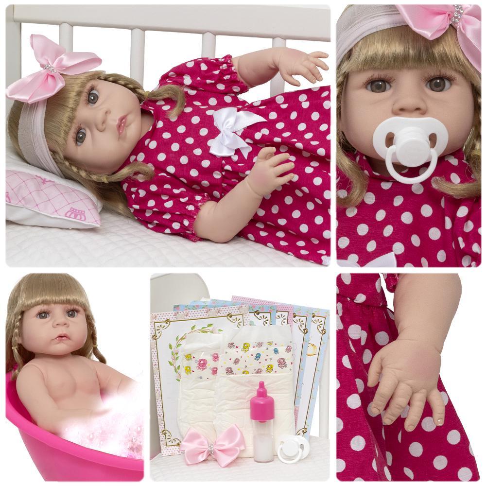 Miniatura Boneca Reborn Bebê Abigail Vestido Bolinha Rosa 13 Itens