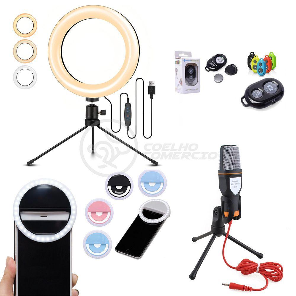 Miniatura Ring Light De Mesa 6\" Com Tripé De 16cm + Microfone Sf-666 + Disparador De Fotos + Mini Ring Light