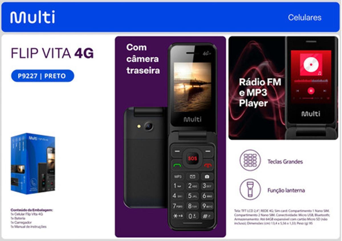 Celular Flip Vita 4G Multilaser Botão Sos P9227