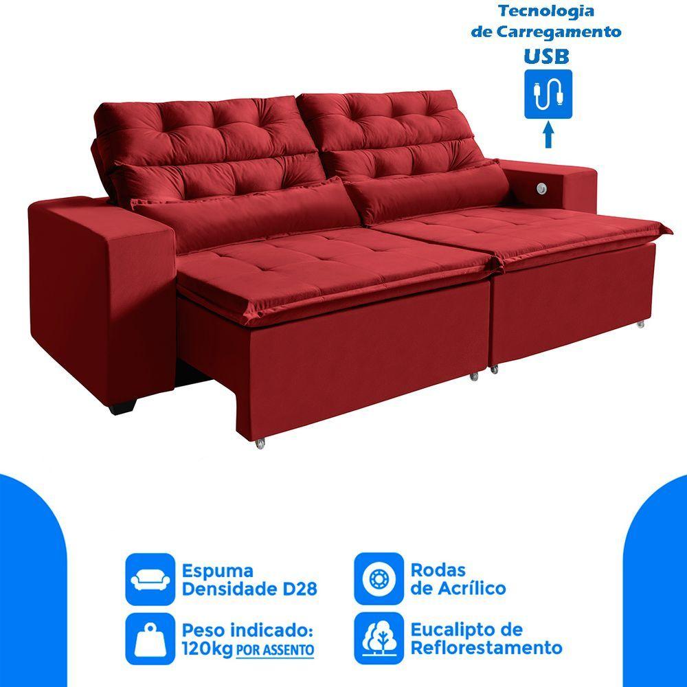 Miniatura Sofá 4 Lugares Retrátil 2,52m 3 Portas Usb Vermelho