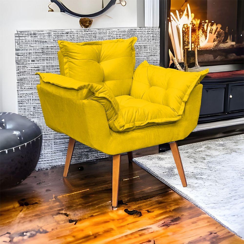 Poltrona Decorativa Alice Pé Trapézio 30cm Castanho - Amarelo Suede