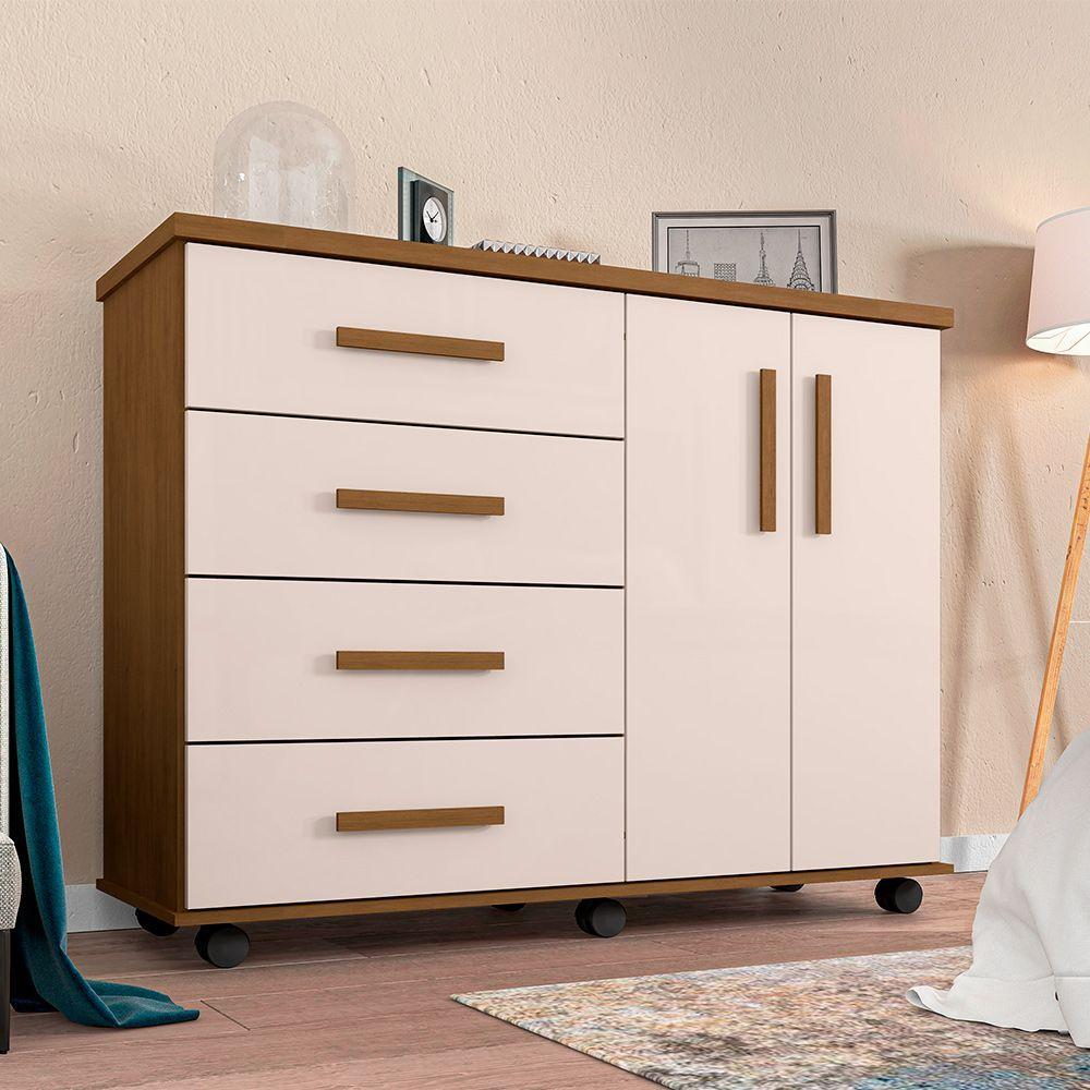 Miniatura Cômoda Geval Encanto Com 04 Gavetas 02 Portas E Rodízios - Amêndoa/Off White - Cor: Bege