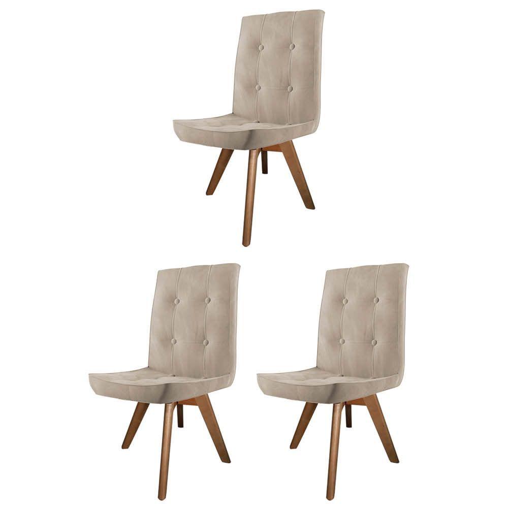 Miniatura Conjunto 03 Cadeira De Jantar Drop Com Botão Base Giratória Caramelo Suede Bege