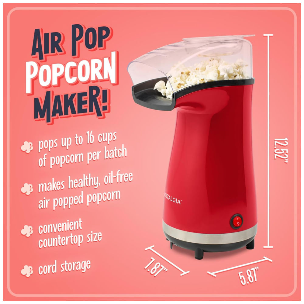 Miniatura Máquina de Pipoca de Ar Quente Nostalgia 16 Copos: Faça Pipoca Quente e Saudável sem Óleo - Medidor de Milho Incluído - Aço Inoxidável Vermelho