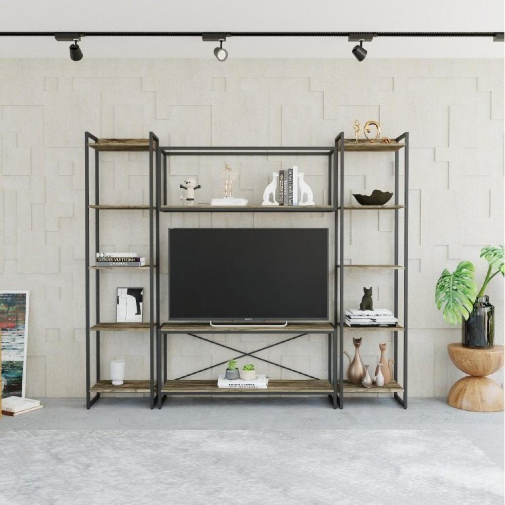 Miniatura Conjunto Rack para TV até 50 Polegadas 1 Nicho Aéreo 2 Estante Estilo Industrial Active Yescasa Carvalho Dark