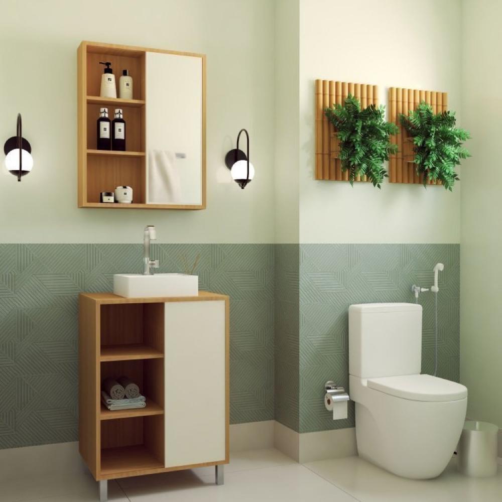 Miniatura Gabinete de Banheiro 60cm Julia com Balcão 1 Porta Correr e Espelheira sem Cuba Mel/Arenas