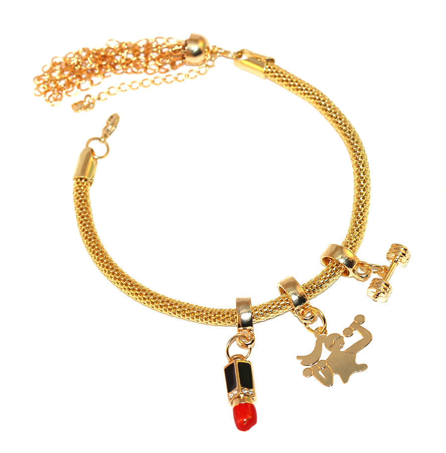Miniatura Pulseira Berloque Musculação Halter Peso Batom Folheado 18k