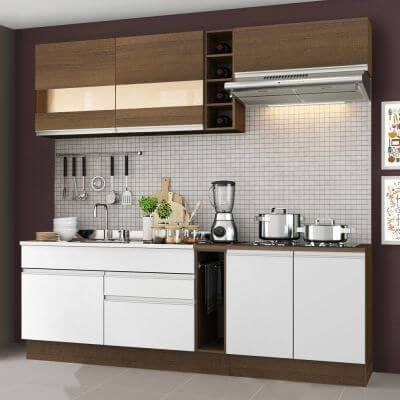 Cozinha Completa Madesa Parma com Armário e Balcão (Sem tampo e Pia) Rustic/Branco/Rustic Cor:Rustic/Branco/Rustic