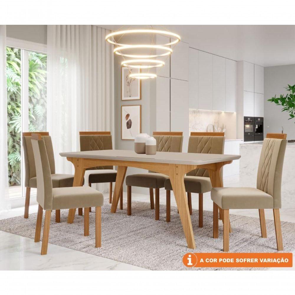 Miniatura Conjunto Sala De Jantar 180x90 Tampo Mdf/vidro 6 Cadeiras Nature/off White/madeira/joli