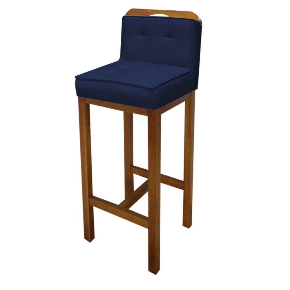 Miniatura Banqueta Alta Com Encosto Agnes Cozinha Balcão Bistrô Base Madeira Rústico Suede Azul Marinho
