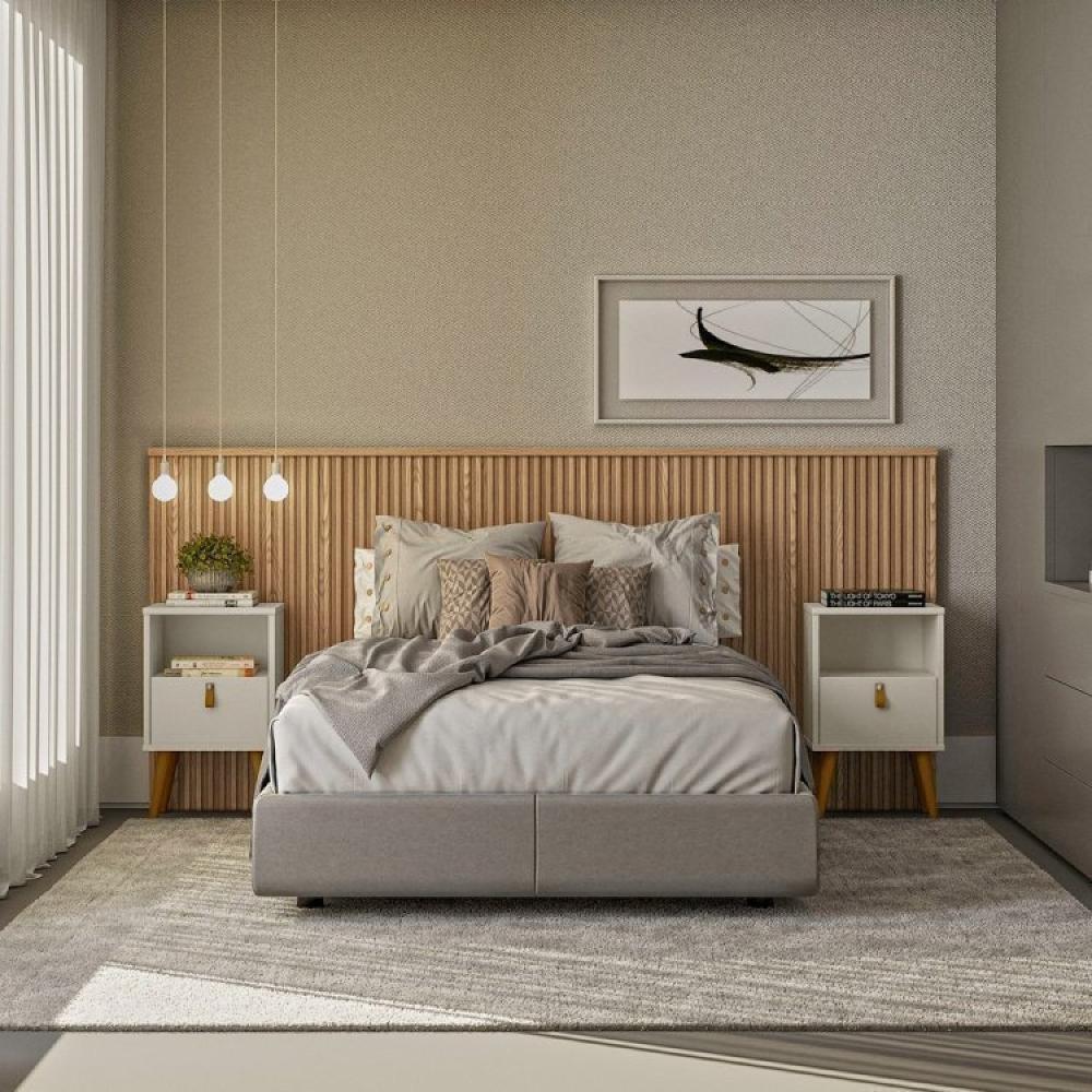 Conjunto Cama Queen Bristol, Cabeceira e 2 Mesas de Cabeceira Buzios Carvalho/Cinza
