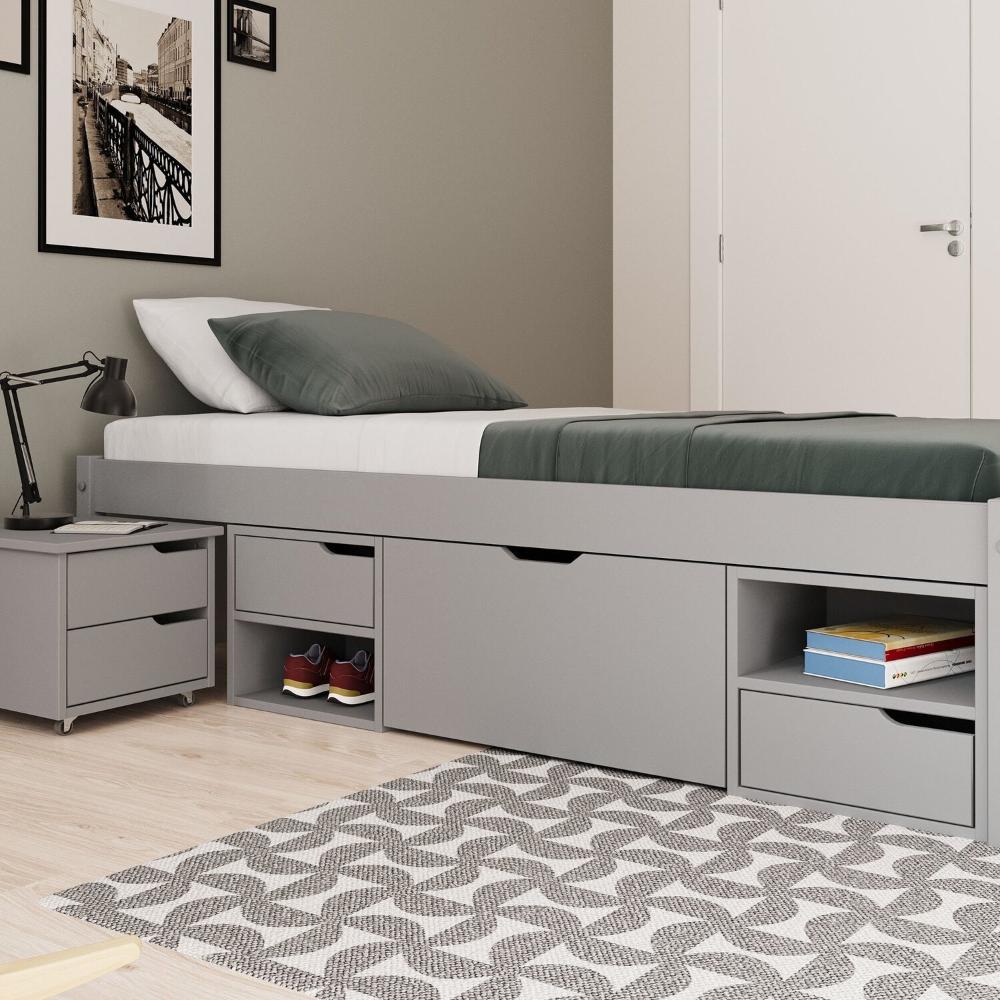Miniatura Cama Solteiro Madeira Maciça com 3 Gavetas e 1 Mesa de Cabeceira Charme Cool Grey