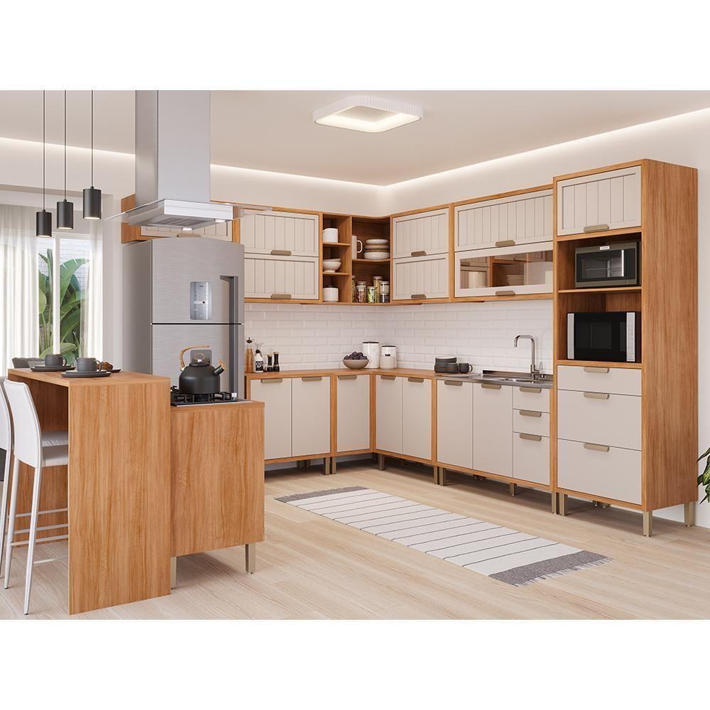 Miniatura Cozinha De Canto Modulada Estela 12 Peças Cinamomo-off White Com Ilha Gourmet - Mgm Cinamomo-off White