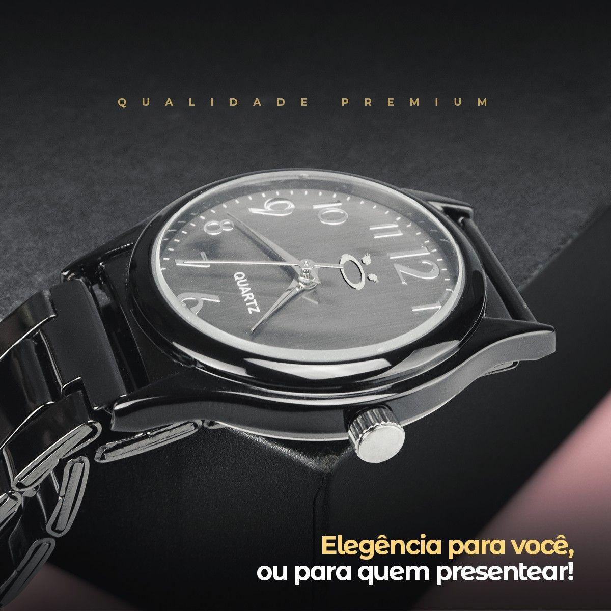 Miniatura Relogio Feminino Preto Aço Inox + Oculos Sol Proteção Uv