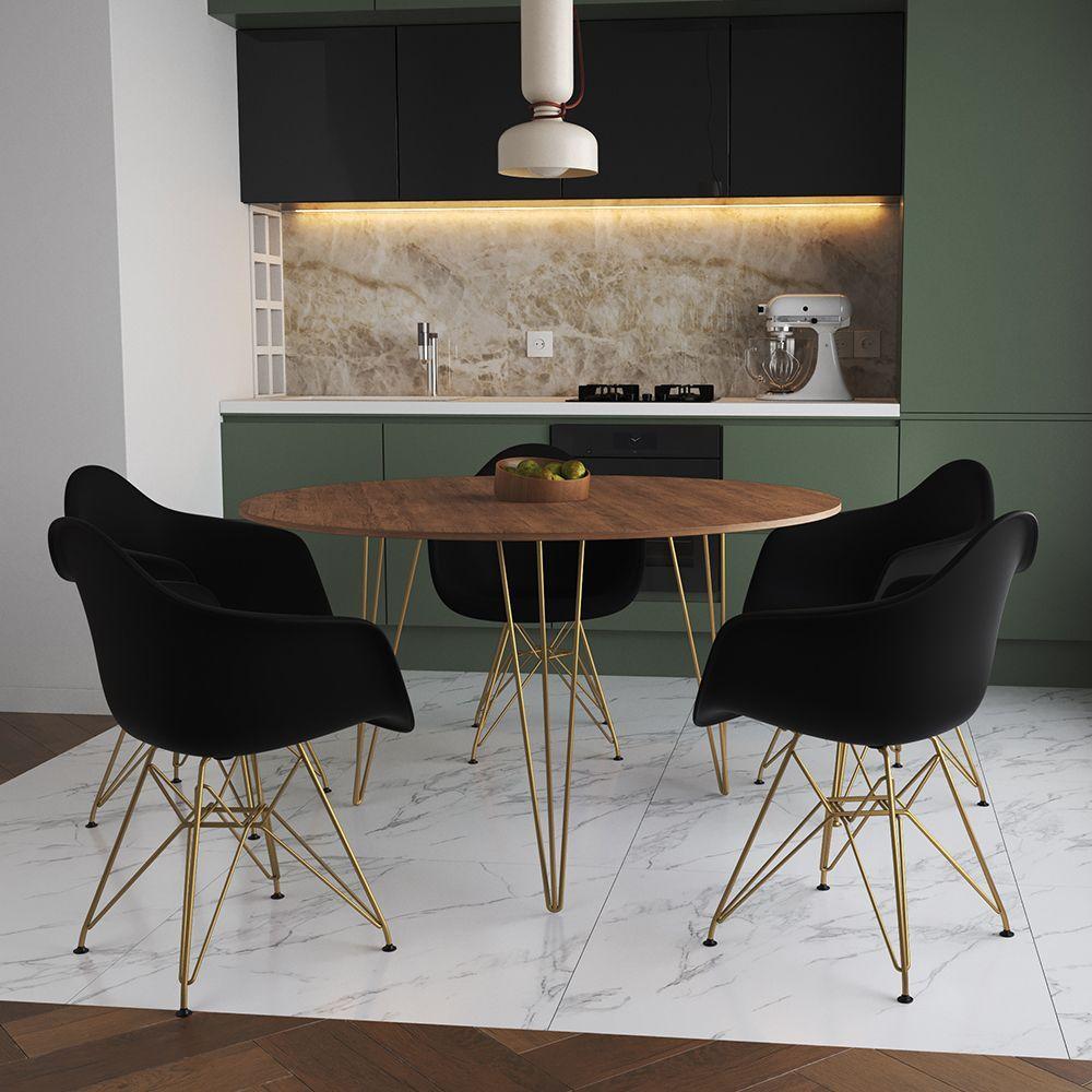 Miniatura Mesa Jantar Redonda 110Cm Amêndoa Clips 3 Pés Com 5 Poltronas Pretas Base Dourada Marrom