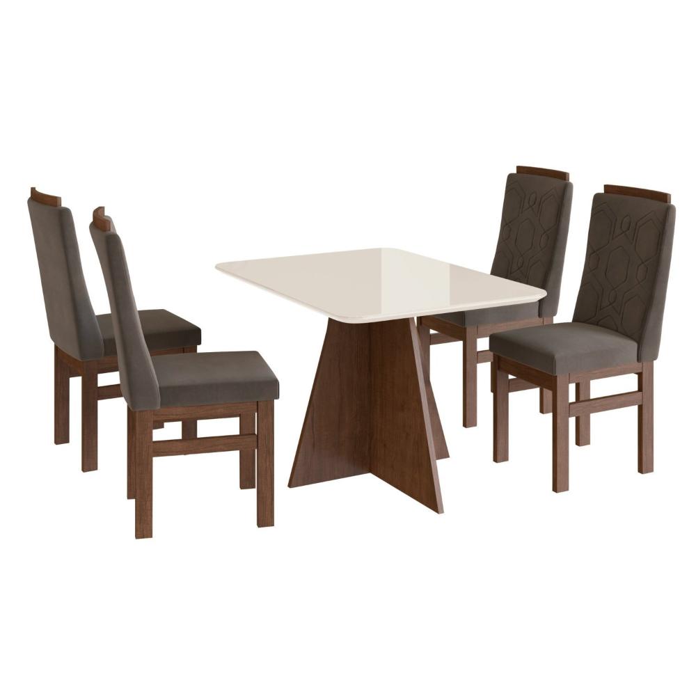 Miniatura Conjunto Sala de Jantar Mesa 90x120cm T Vidro com 4 Cadeiras Madeira Maciça Tabaco/Marrom/Off White