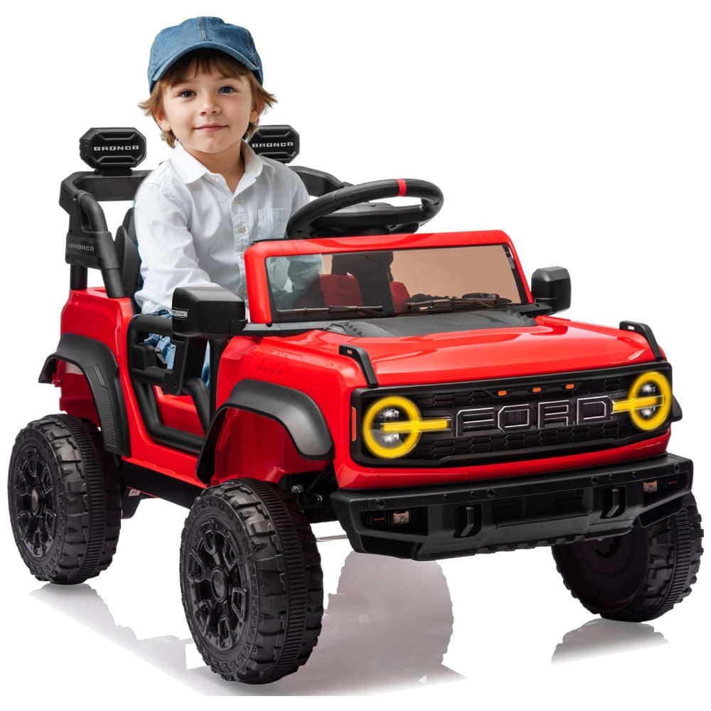 Miniatura Carro Elétrico Infantil 12V, Ford Bronco 1 Assento, com Controle Remoto, Suspensão nas 4 Rodas, Música via Bluetooth, First Ride On, Vermelho 110v