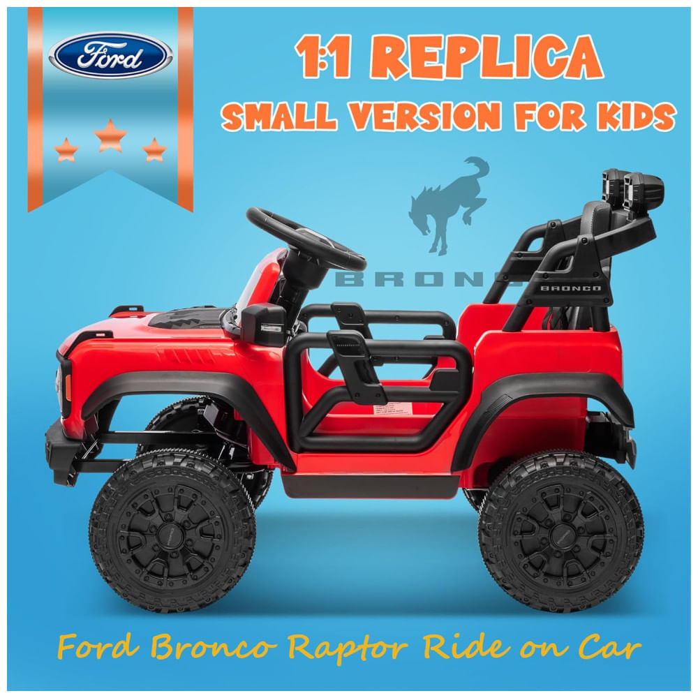 Miniatura Carro Elétrico Infantil 12V, Ford Bronco Raptor com Controle Remoto para Pais, Suspensão nas 4 Rodas, Música via Bluetooth e Luzes LED, Seizeen, 110v
