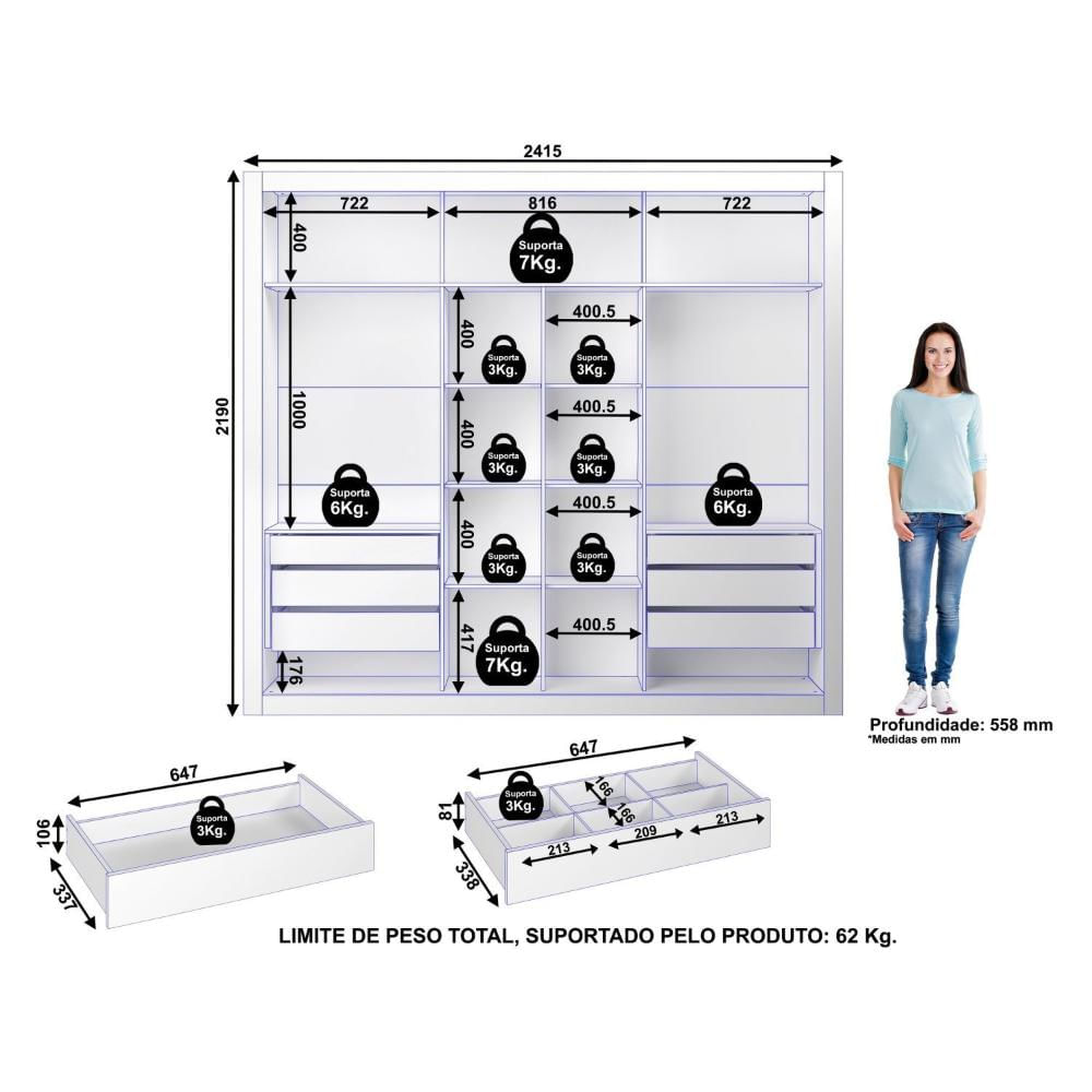 Guarda Roupa Indico 3 Portas 6 Gavetas Freijo / Preto