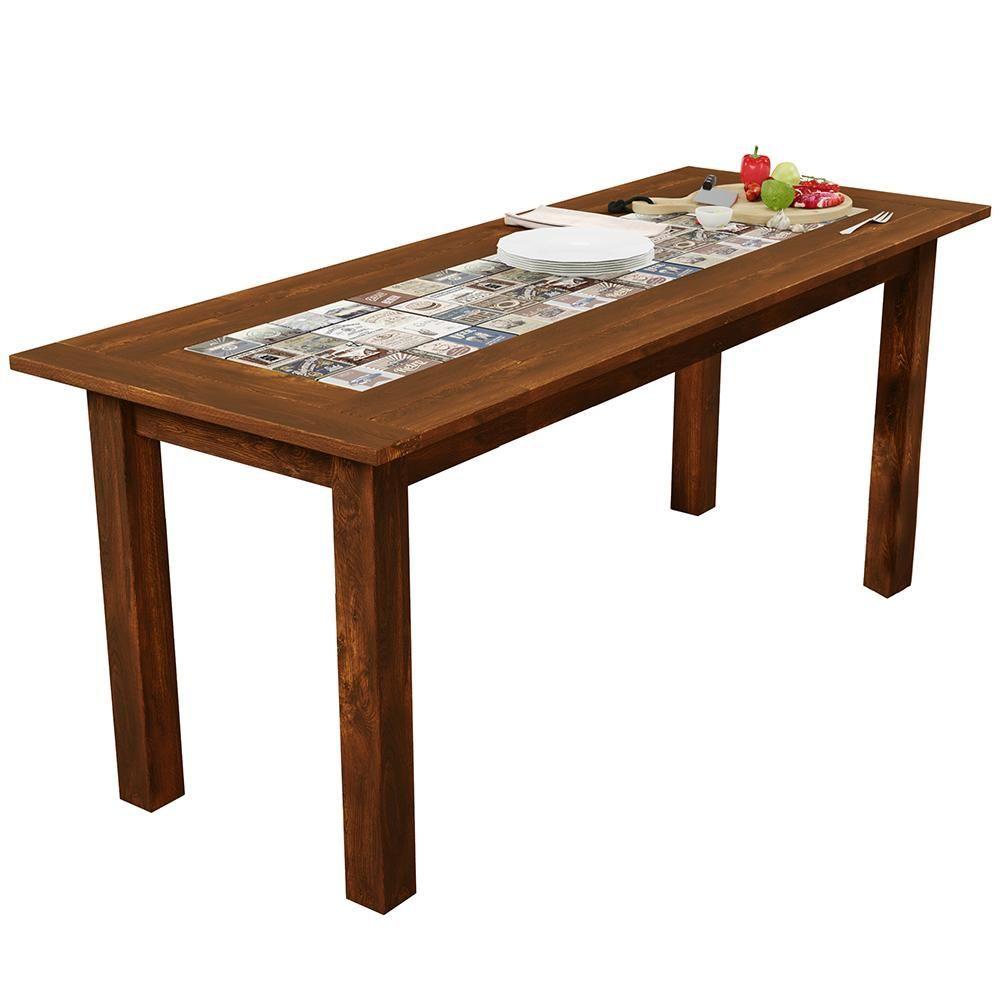Mesa De Jantar Com Cerâmica Rústica 02 Bancos De Madeira Maciça Pinus 120cm W02 Imbuia - Lyam Decor