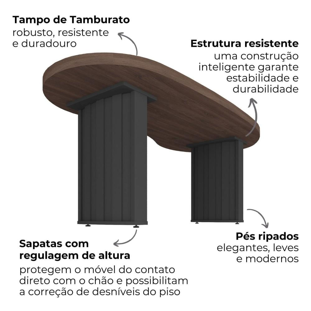 Mesa Para Escritório com Curvas Orgânicas, Pés Ripados e Tampo Tamburato Diretor 2 Metros Artany Charuto/Preto