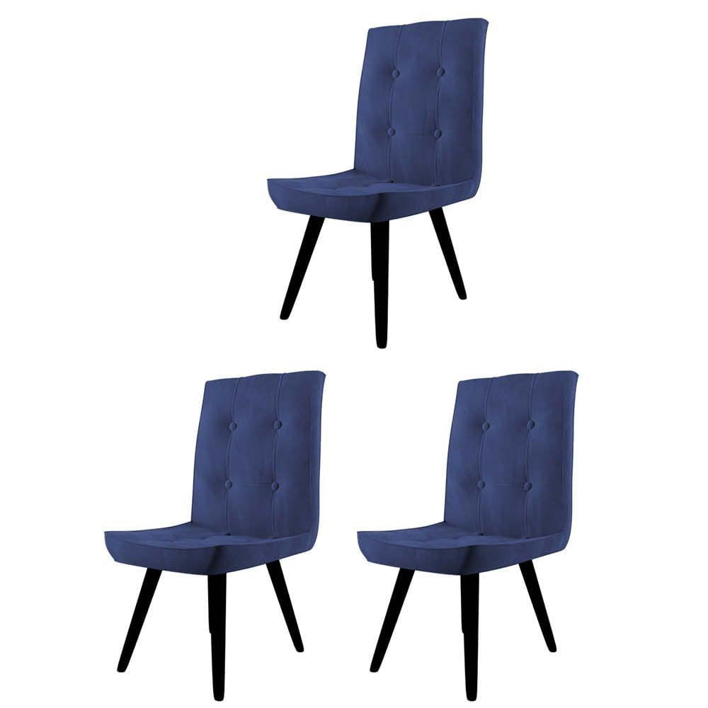 Miniatura Kit 03 Cadeira De Jantar Drop Com Botão Base Pé Palito Preto Suede Azul Marinho - Amey Decor