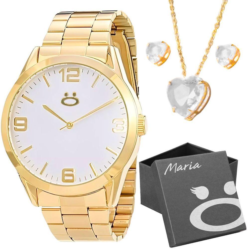 Miniatura Relogio Feminino Dourado Aço Inox + Caixa + Brincos + Colar Social Moda Casual Presente Strass