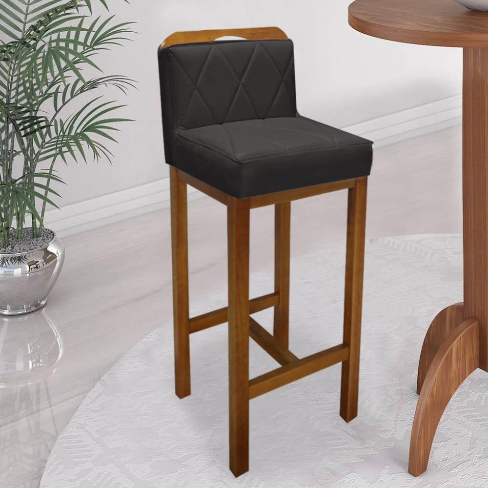 Miniatura Banqueta Alta Com Encosto Simon Cozinha Balcão Bistrô Base Madeira Carvalho Suede Cinza