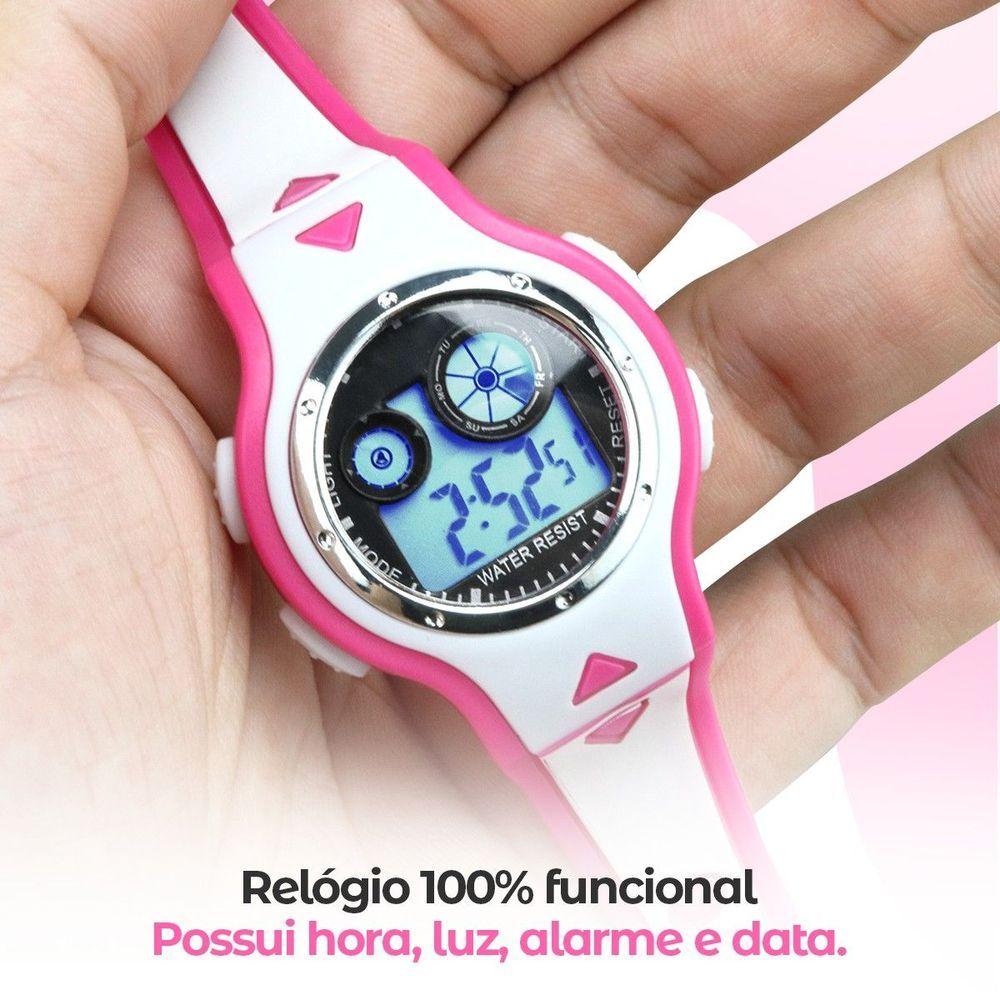 Relogio Digital Rosa Infantil Led + Case Premium + Oculos Qualiadde Premium Original Silicone Menina