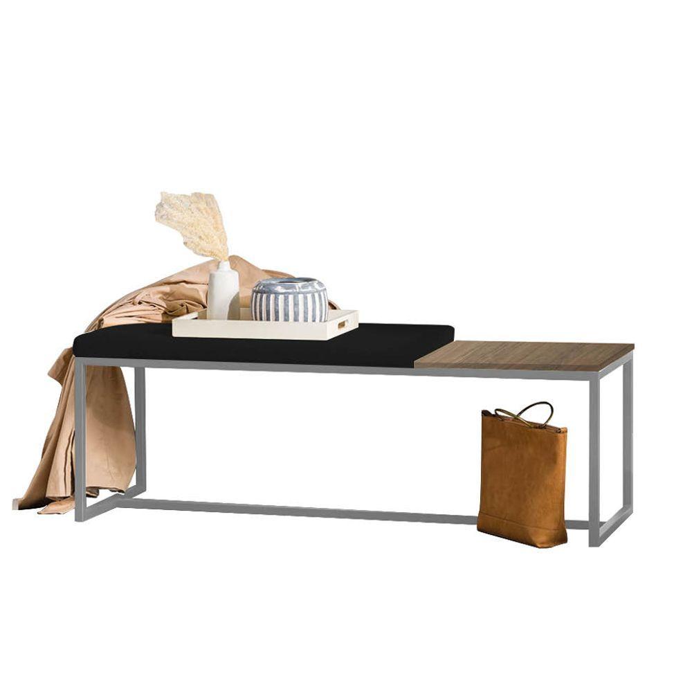 Miniatura Banco Recamier Puff 140cm Industrial Prata Suede Preto Tampo Quadrado Mdf Rústico