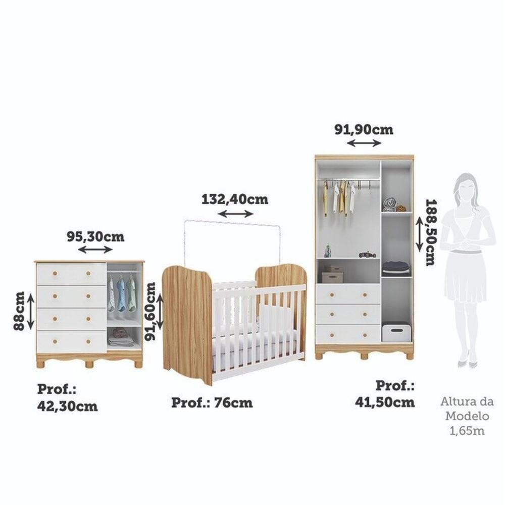 Miniatura Quarto de Bebê Completo com Guarda Roupa 3 Portas Cômoda e Berço 100% Mdf Mimo Espresso Móveis Branco Brilho/Amêndoa