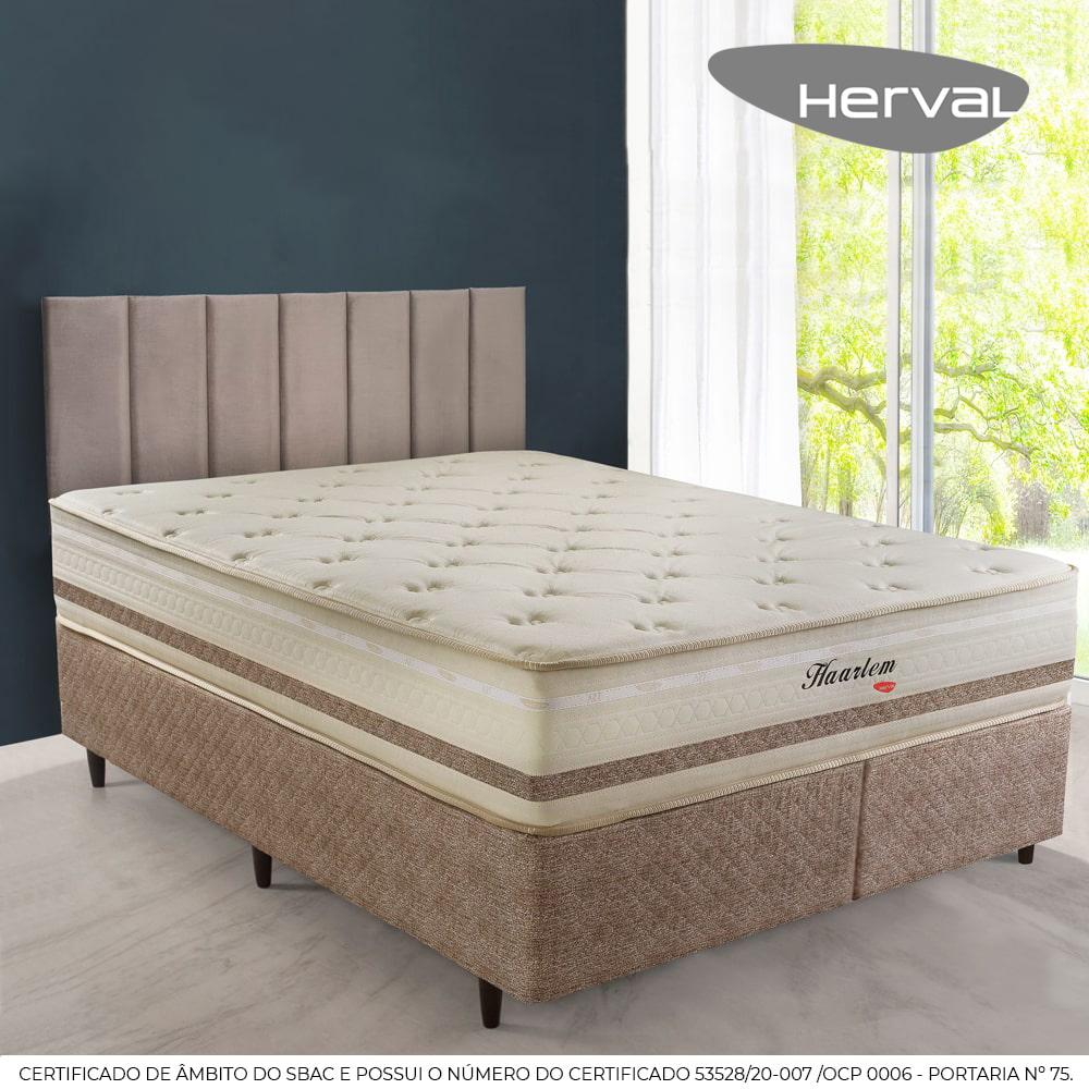 Miniatura Cama Box com Cabeceira Queen Herval Haarlem, Molas Ensacadas, 69x158x198 cm