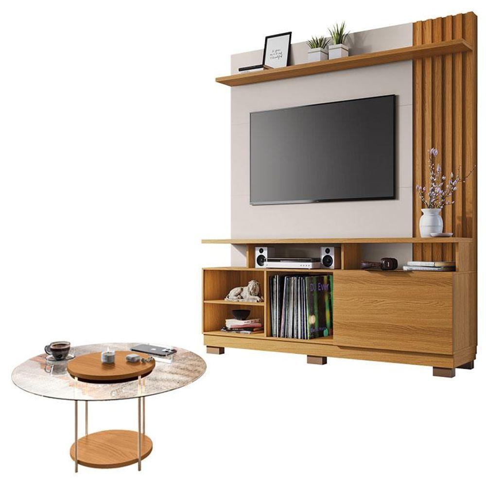 Miniatura Estante Home Theater Artheo Cinamomo Off White E Mesa De Centro Sky Com Tampo De Vidro Cinamomo- Hb Móveis