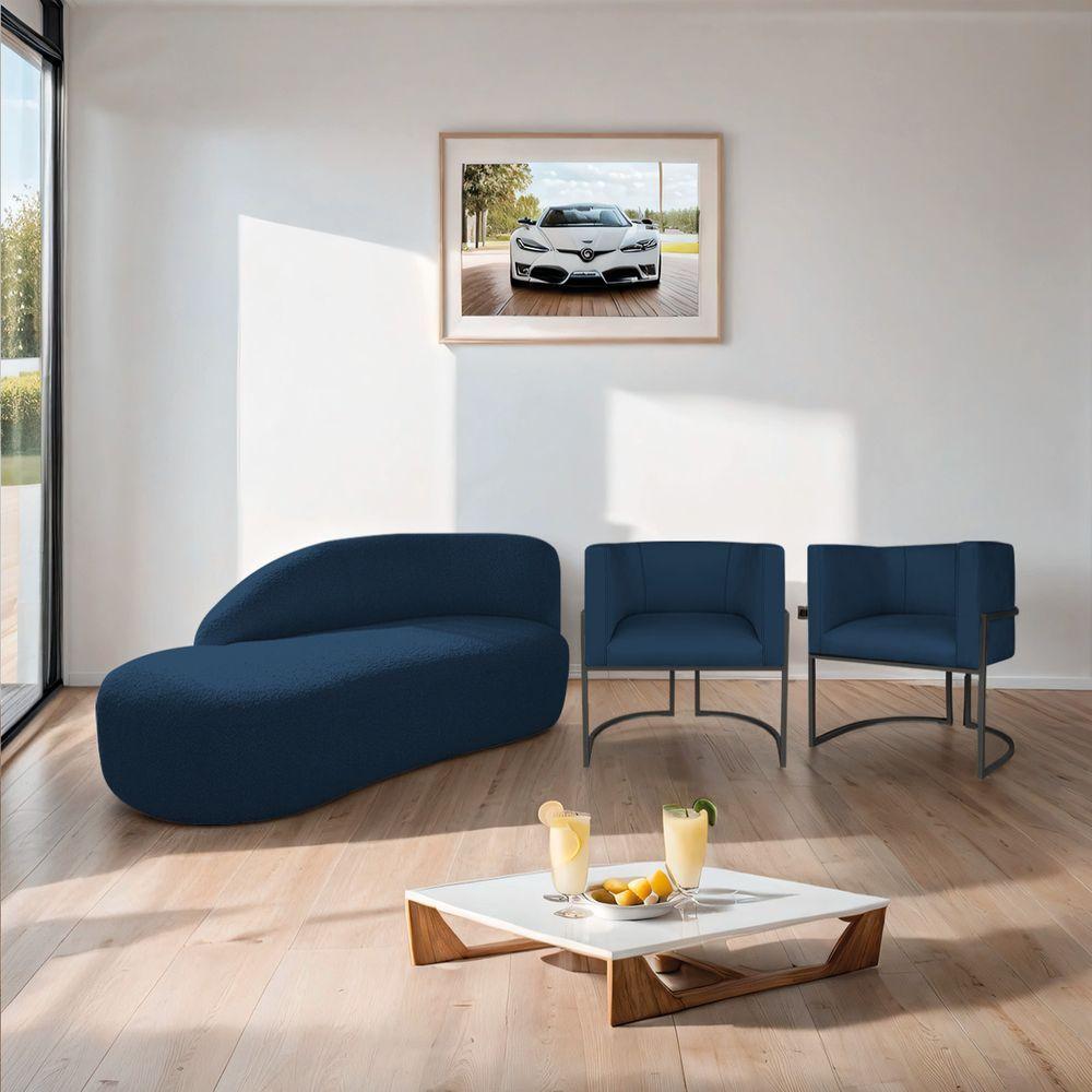 Miniatura Kit Divã Luna 160cm Lado Esquerdo E 02 Poltronas Base De Ferro Preto Suede Cor Azul Marinho