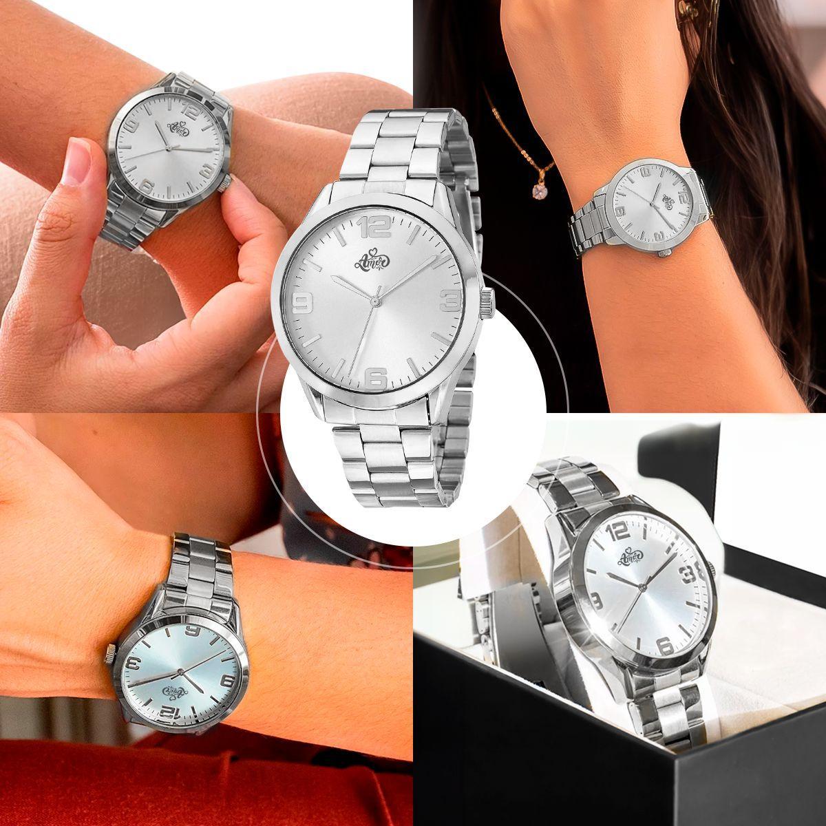 Relogio Feminino Prata Aço Inox + Caixa + Pulseira + Colar